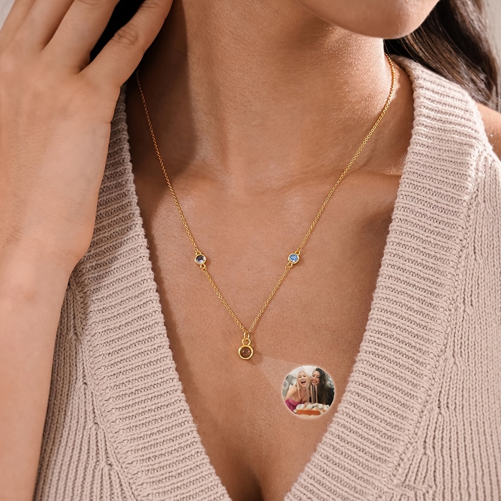 Personalized Women's Birthstone Projection Photo Necklace, 18K Gold Plated